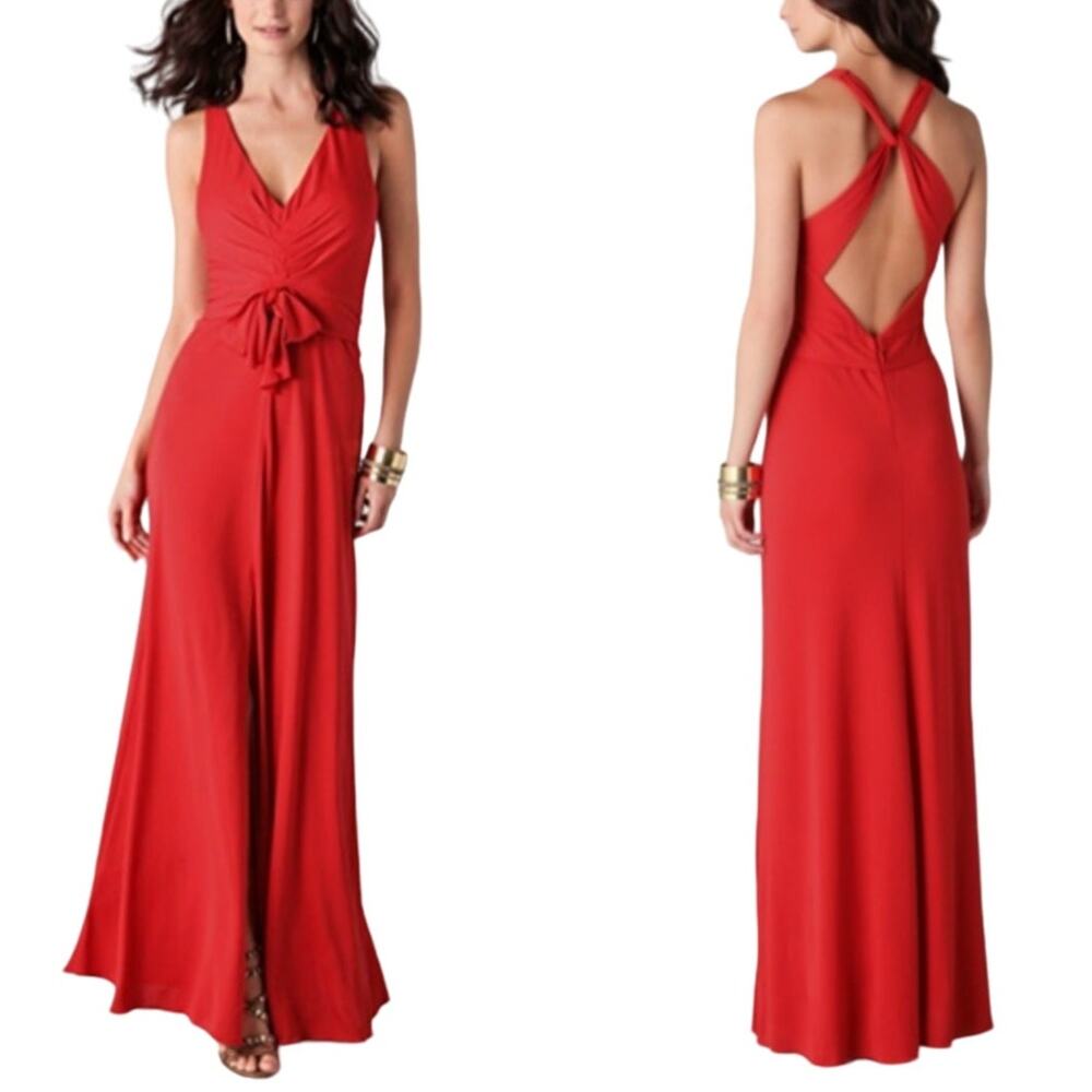 BCBGMAXAZRIA Red Sophia V-Neck Draped Maxi Dress Womens S Criss Cross High Slit